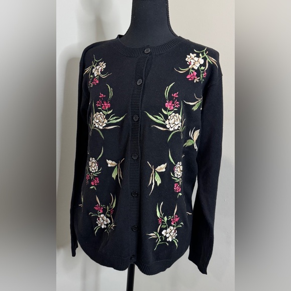 Alfred Dunner Sweaters -    Alfred Dunner Floral Cardigan Small Black Embroidered Cottagecore